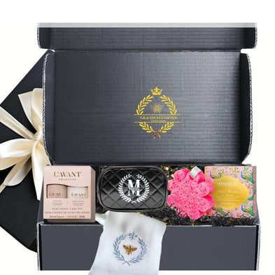Purely Pampered Luxe Gift Box with L'AVANT, Spongelle, Monogrammed cosmetic case and succulent