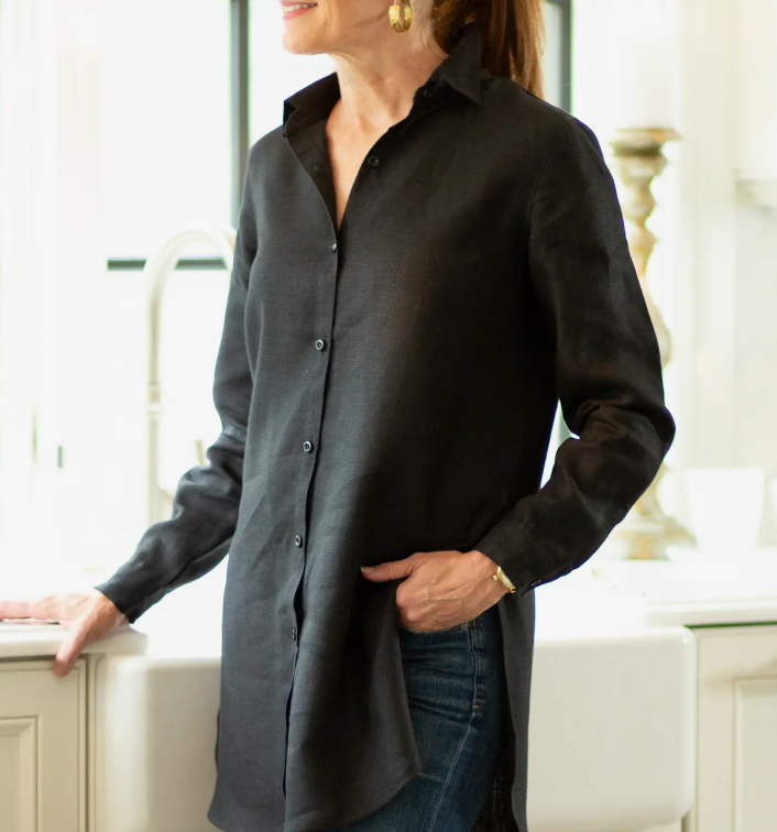 The Christina tunic is 100% European linen button front blouse made longer with slits on the side so it can be worn over leggings, skinny jeans, or as a light jacket. Very comfortable for a casual look or dress it up. Runs true to size.