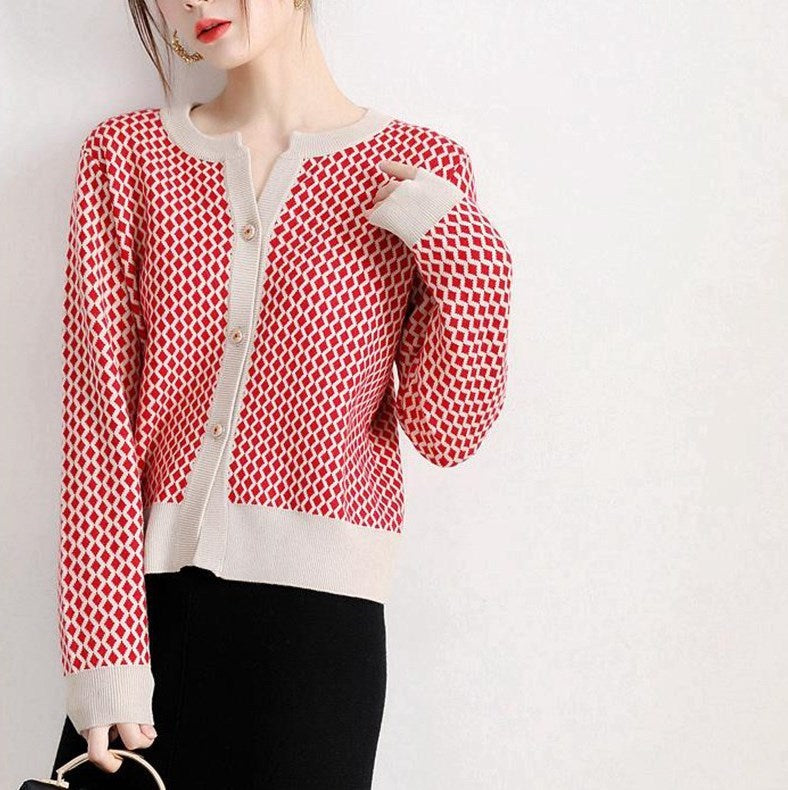 Small Plaid Knitted Cardigan Sweater For Women