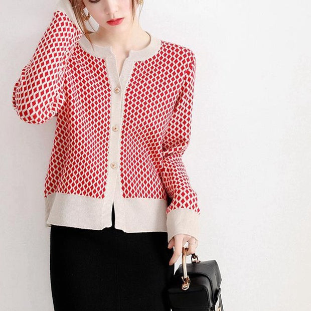 Small Plaid Knitted Cardigan Sweater For Women