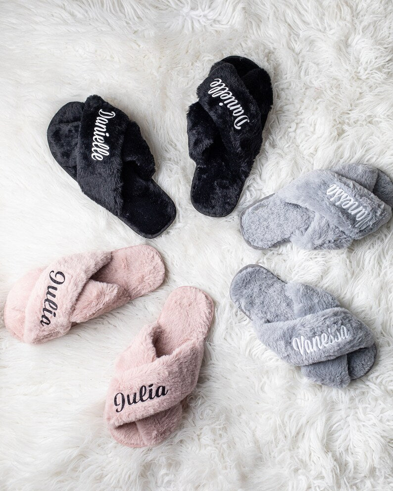 Bachelorette -Bridesmaid, Personalized Fluffy Slippers Great Gift Item