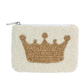 Ladies White Fully Beaded Crown Theme Coin Purse