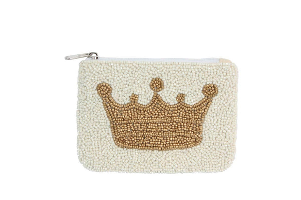 white and gold beaded crown coin purse