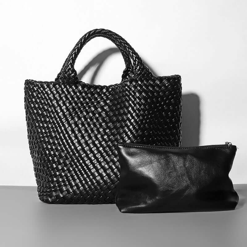 Black leather woven tote bag