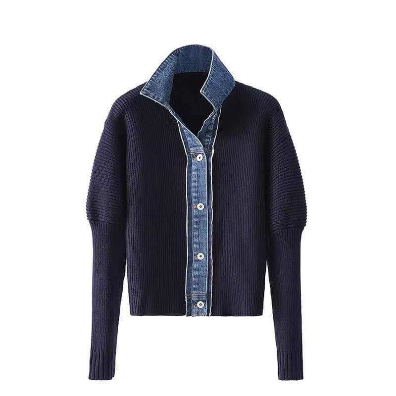 Blue knit sweater with denim trim