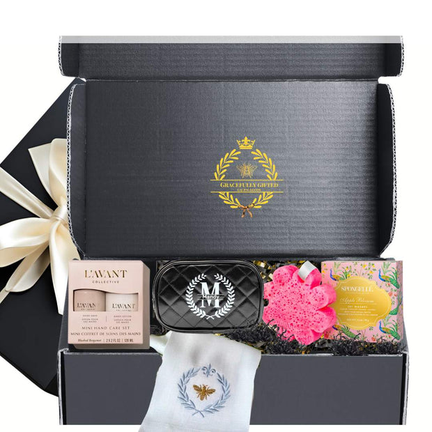 Purely Pampered Luxe Gift Box with L'AVANT, Spongelle, Monogrammed cosmetic case and succulent 