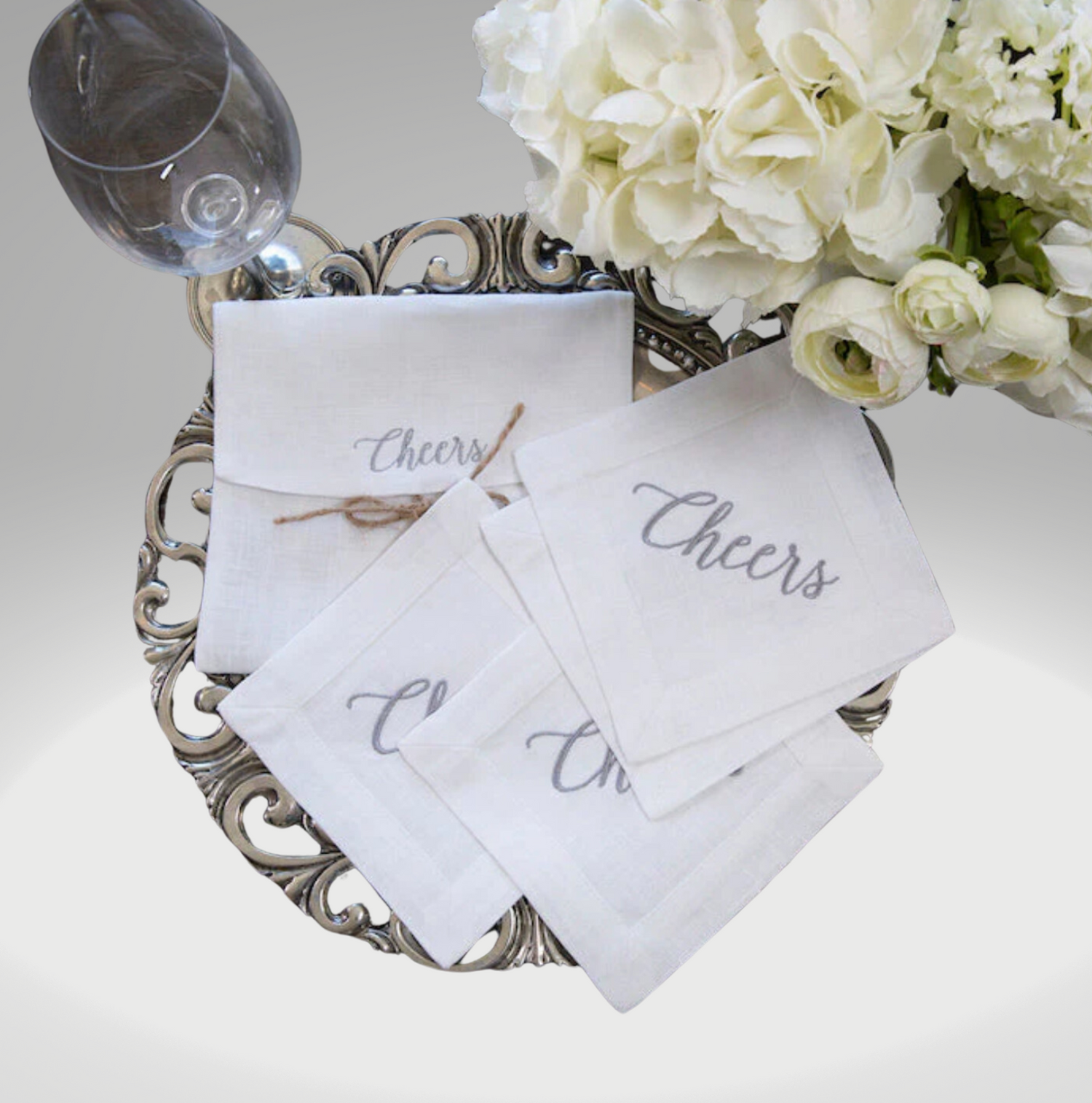 Crown Linen Cheers European Embroidered cocktail napkin set of 4