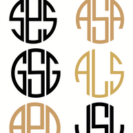 Circle monogram design featuring six unique styles in black and gold.