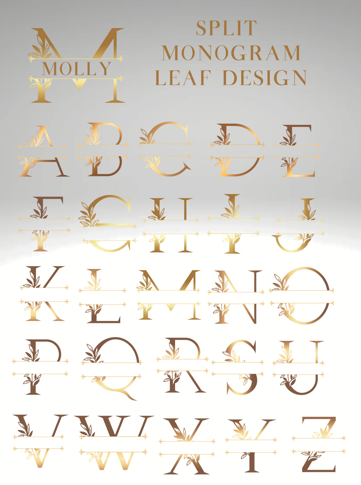 Elegant split monogram leaf design featuring letters A-Z and the name Molly in a decorative style.