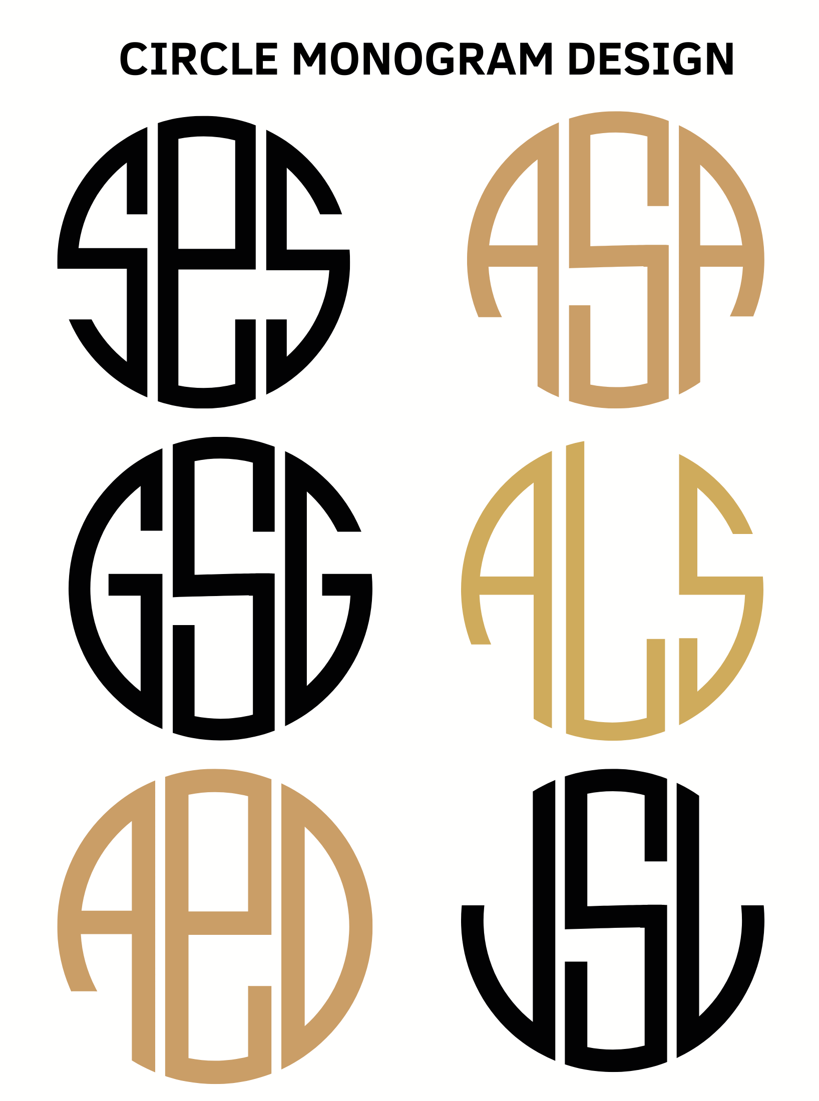 Circle monogram design featuring six unique styles in black and gold.