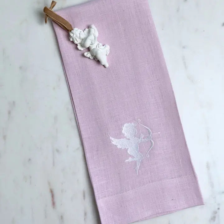 Pink Linen hand towel with a cupid