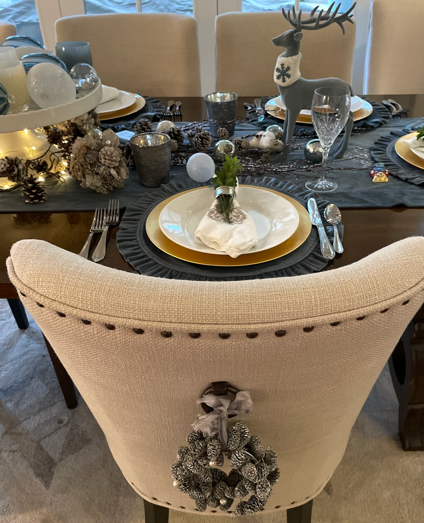Holiday table setting with Blue Velvet Placemat and Runner