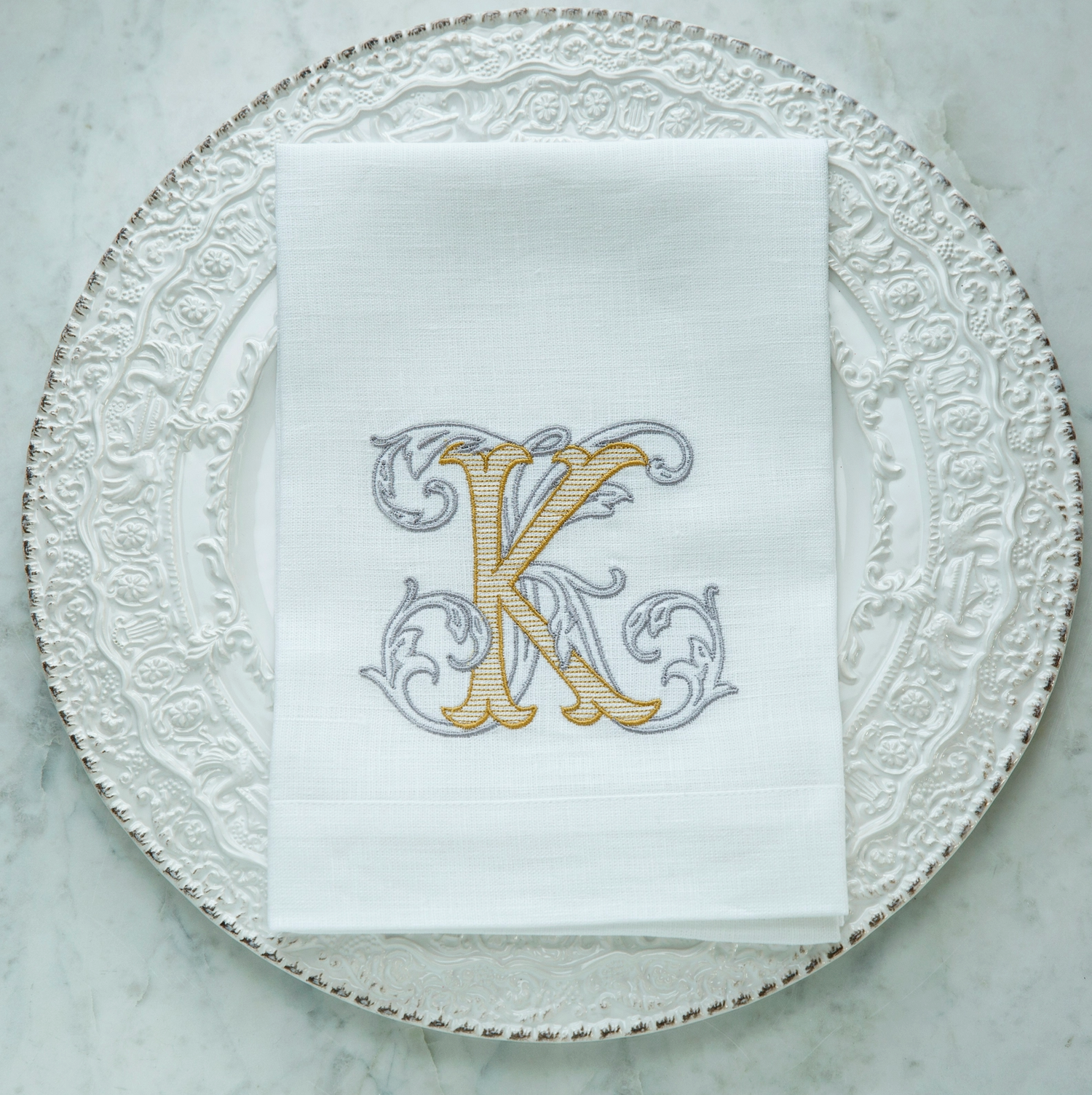 Monogrammed K White European Linen Napkin