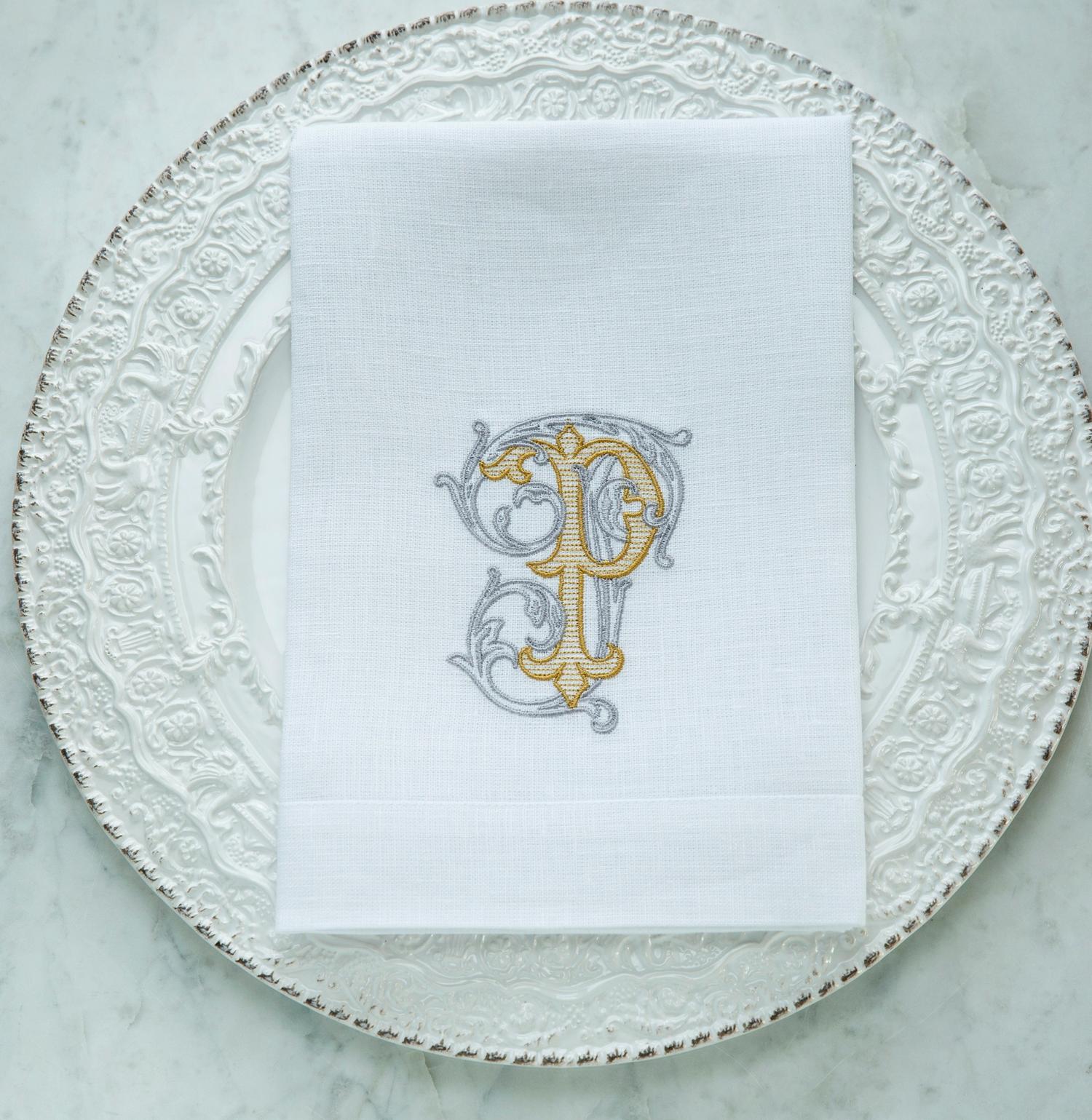 Monogrammed P White European Linen Napkin
