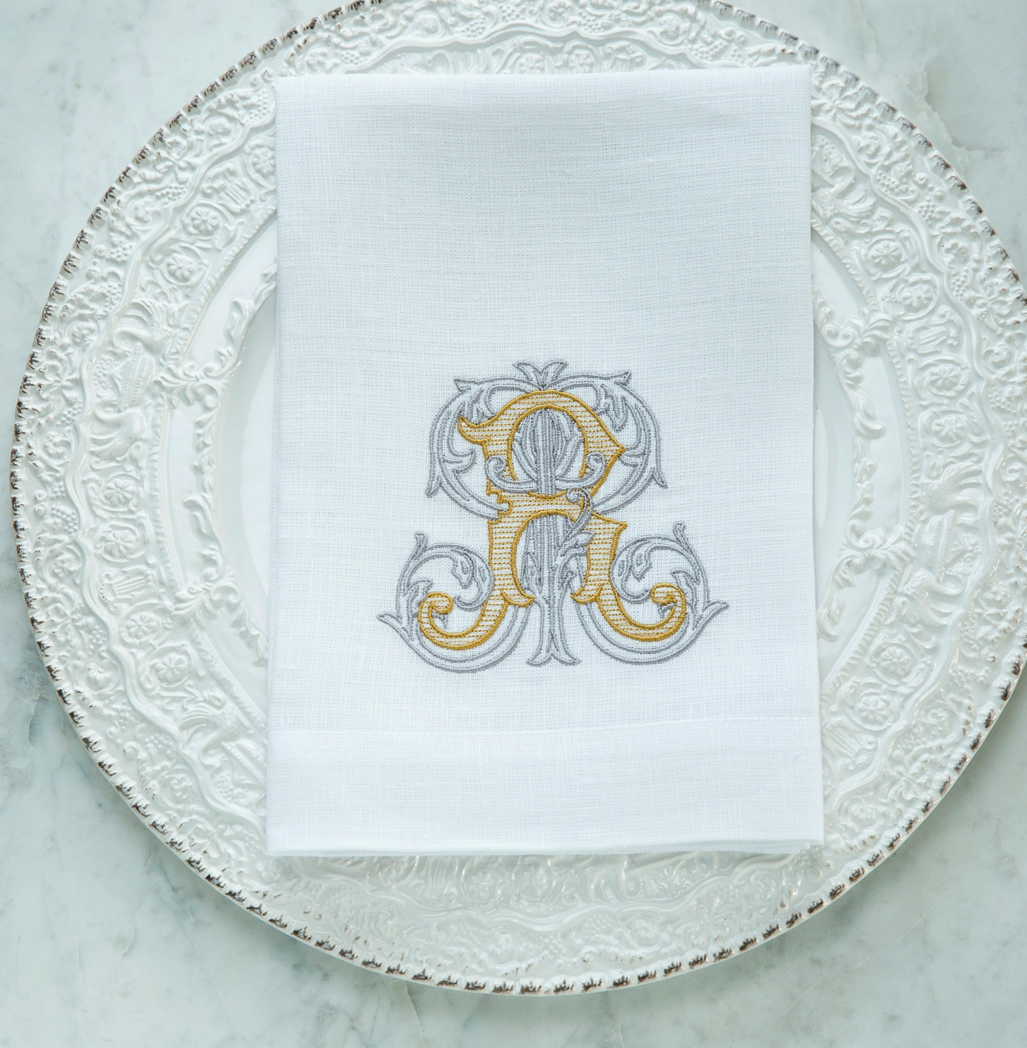 Monogrammed R White European Linen Napkin