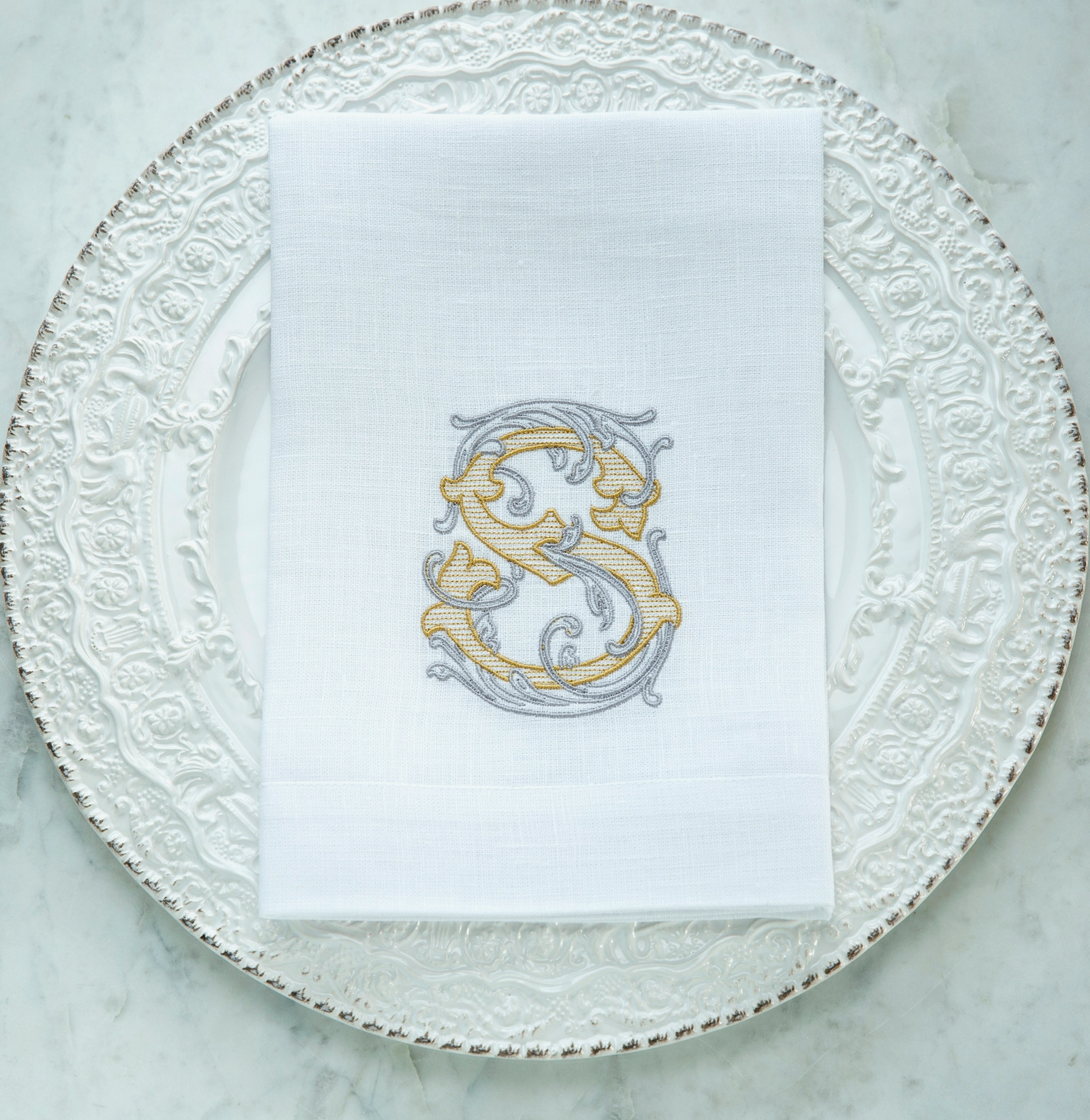 Monogrammed S White European Linen Napkin