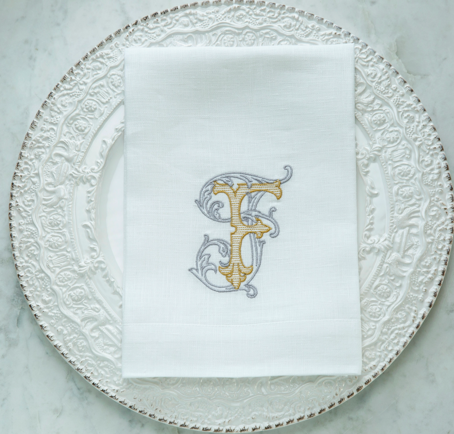 Monogrammed F White European Linen Napkin