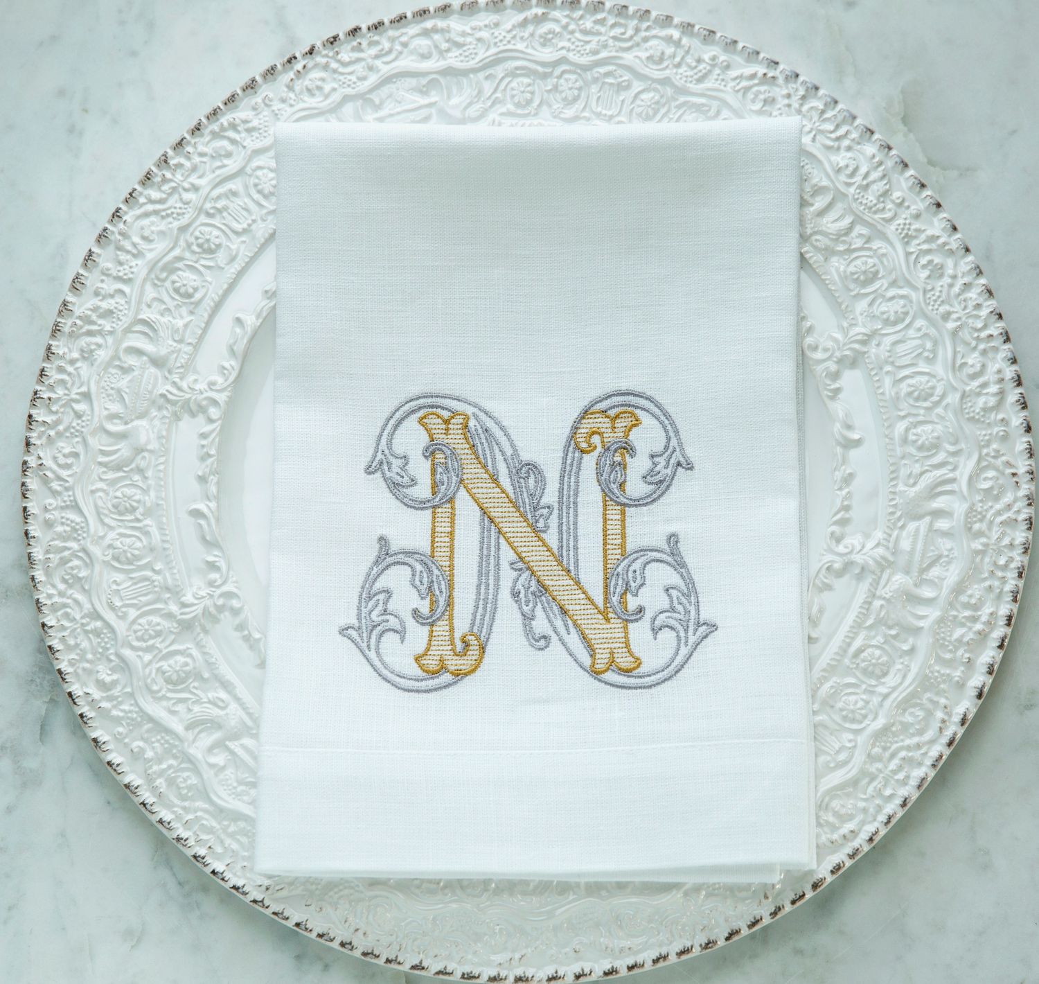 Monogrammed N White European Linen Napkin