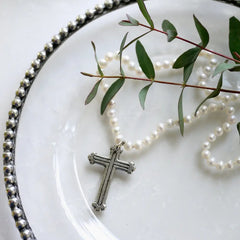 Pewter Cross on pearl necklace