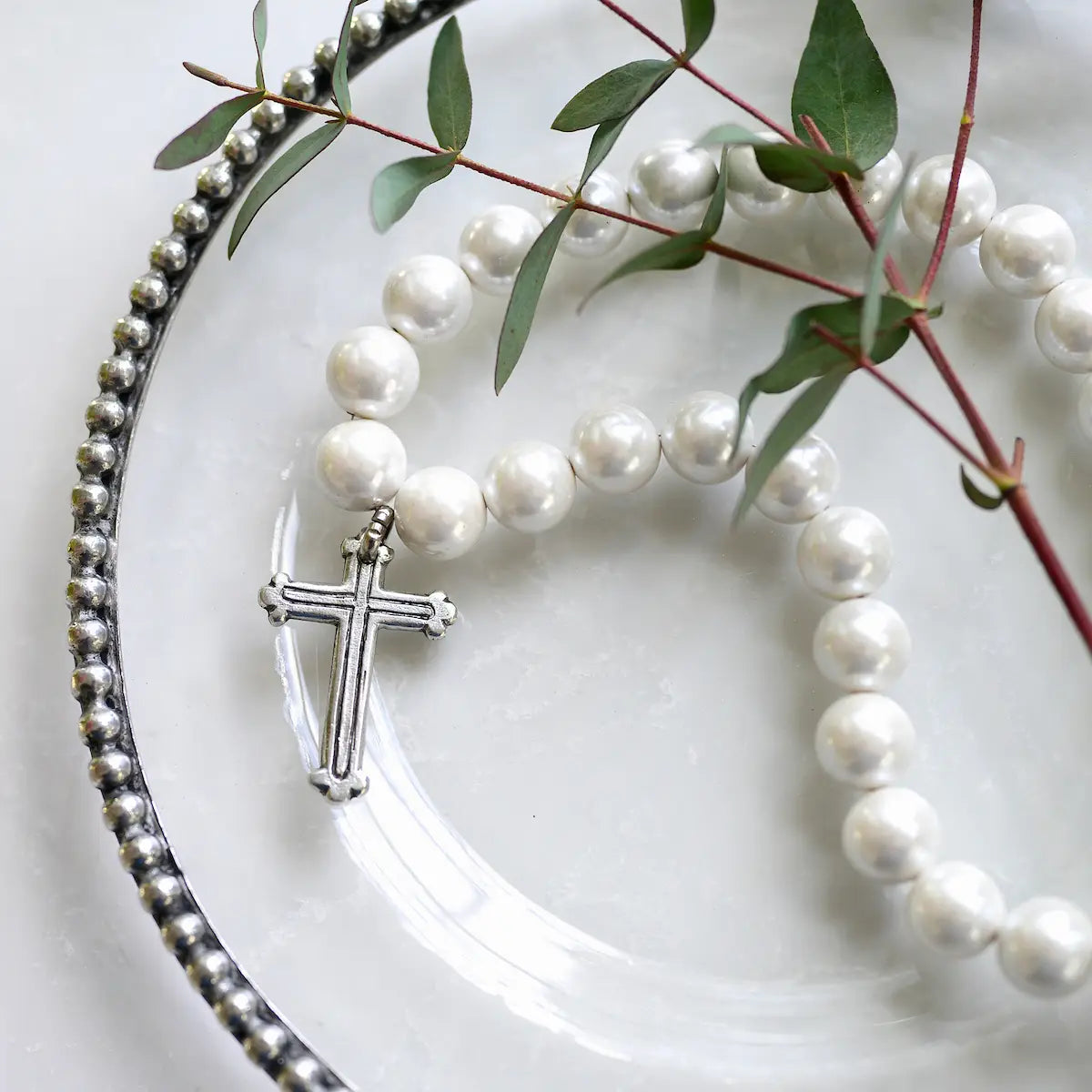 Pewter Cross on pearl necklace