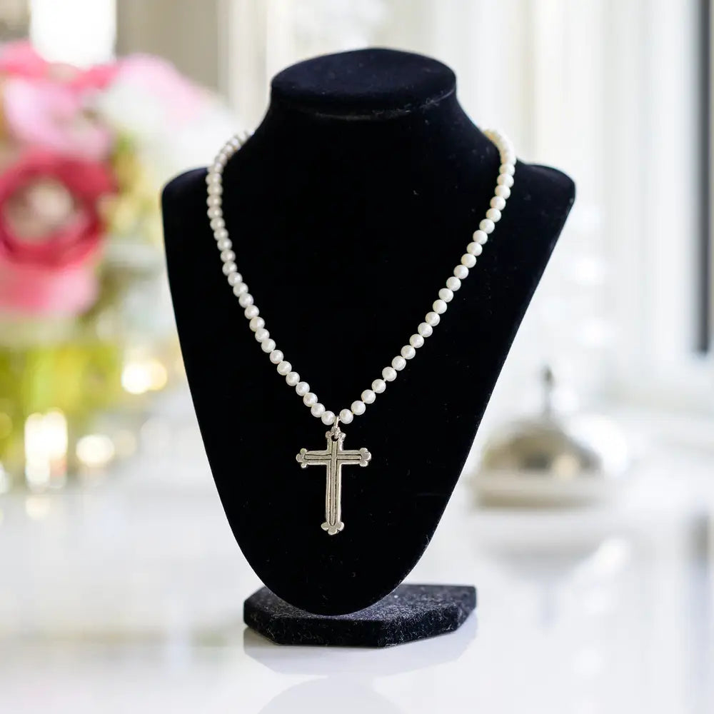 Elegant Pearl Necklace With Pewter Cross- Two pearl sizes