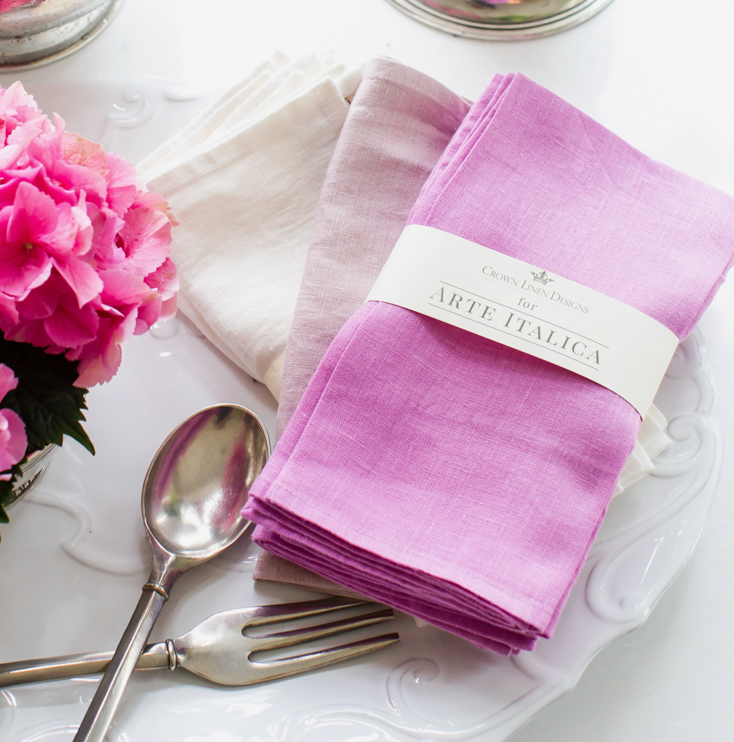 Pink Linen Napkin Set by crown linen
