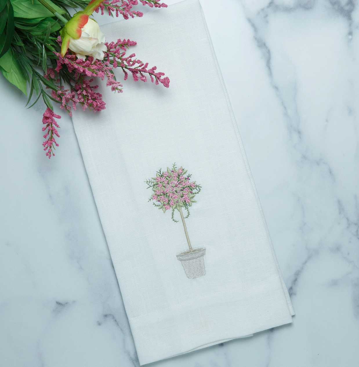 Pink Topiary  on white linen towel 