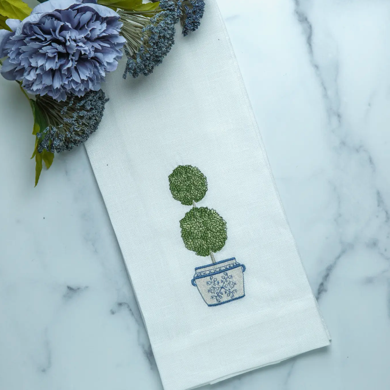 Double boxwood topiary linen towel in blue and white pot