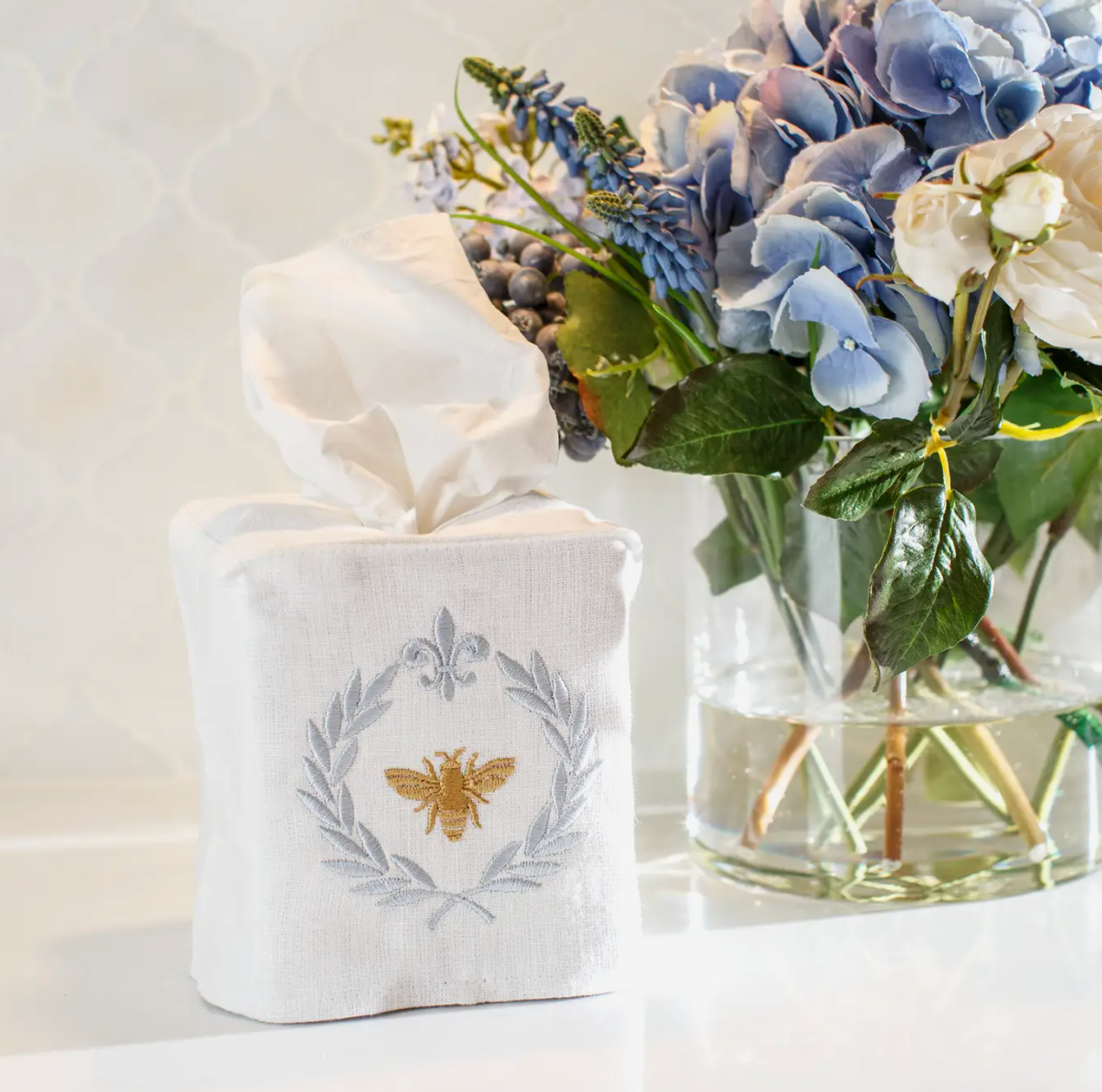 White Embroidered Bumble Bee European Linen Tissue Box Cover