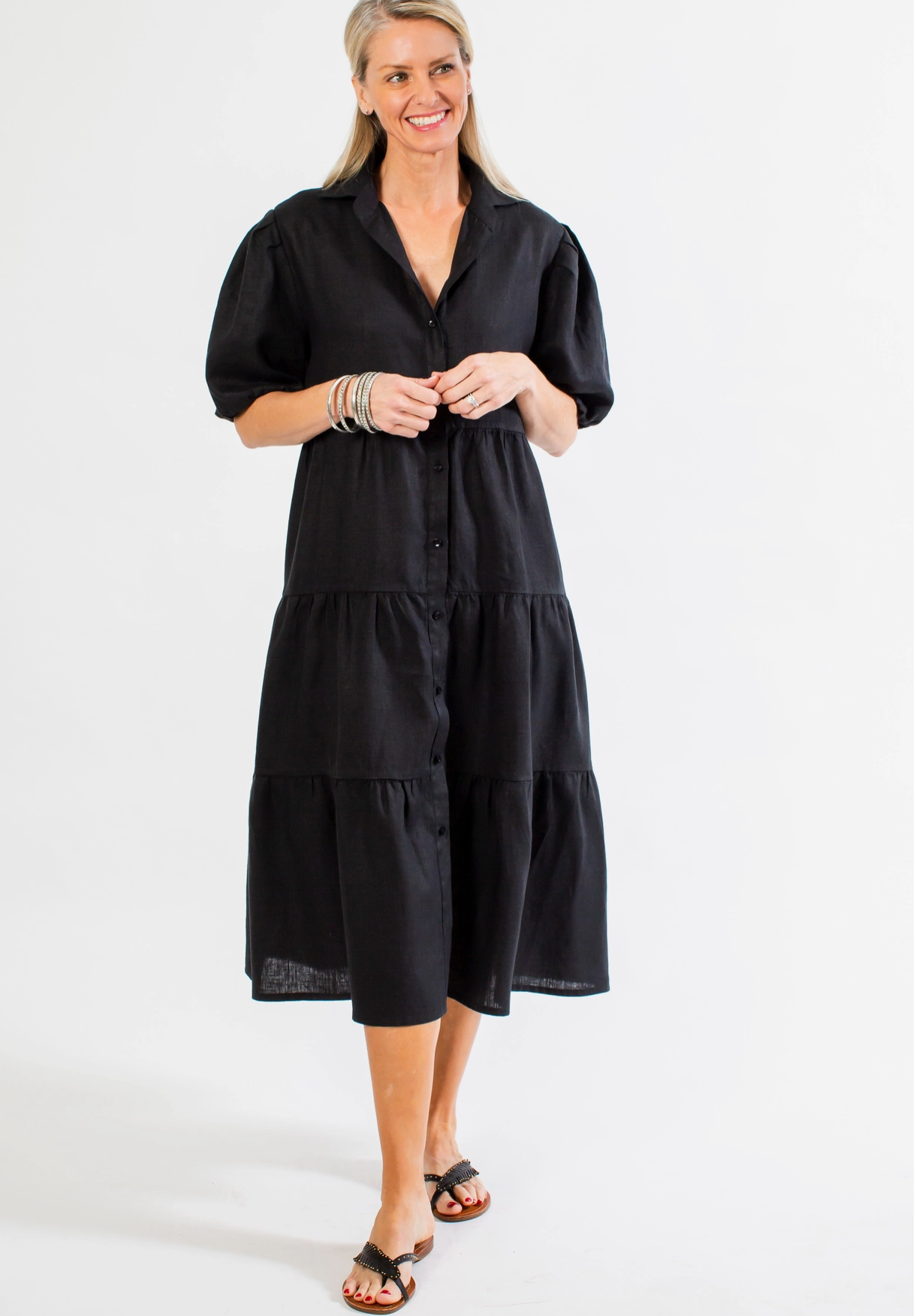 Popular Phoebe Tiered Linen Dress in black