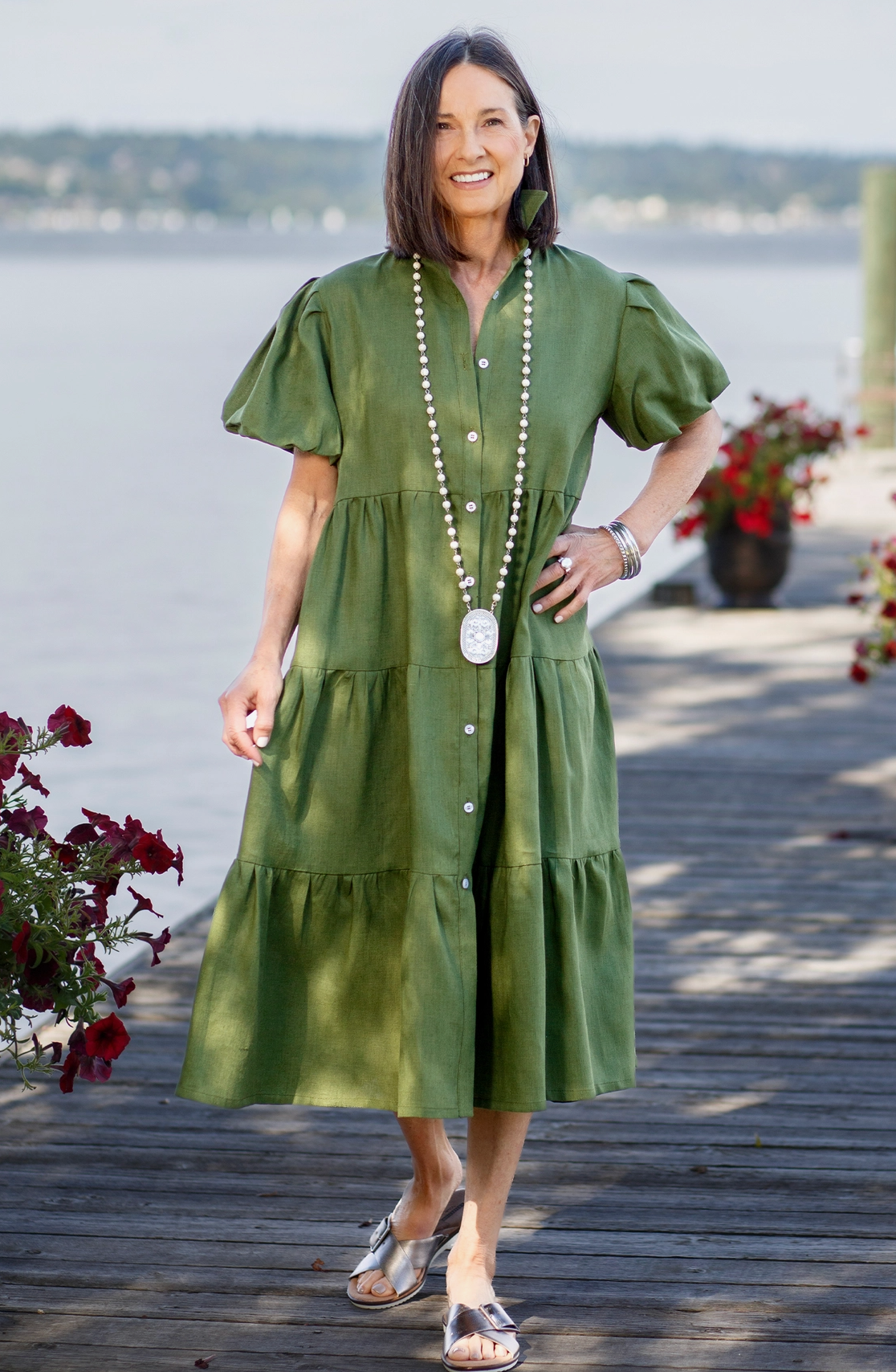 Popular Phoebe Tiered Linen Dress in green