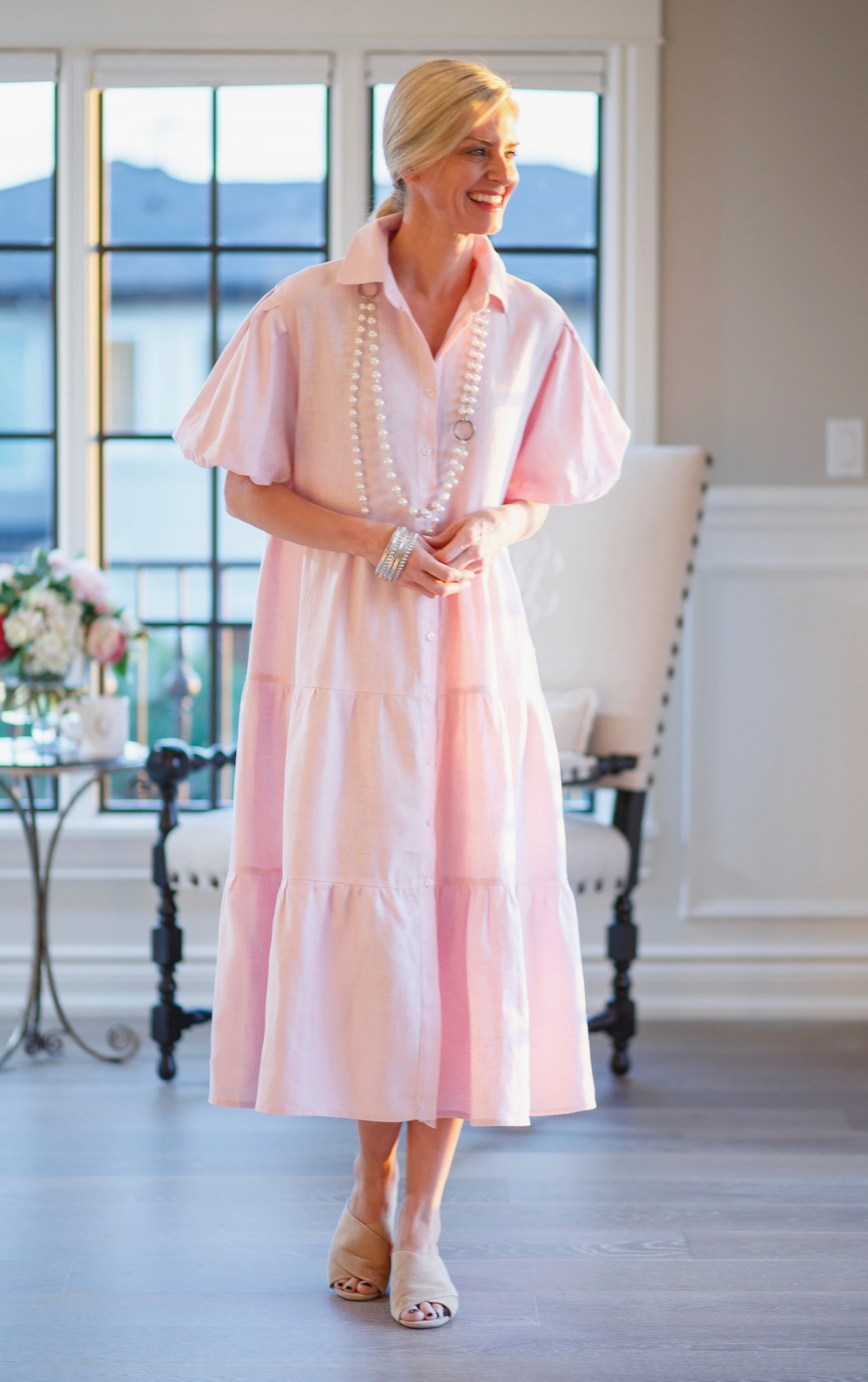 Popular Phoebe Tiered Linen Dress in pink