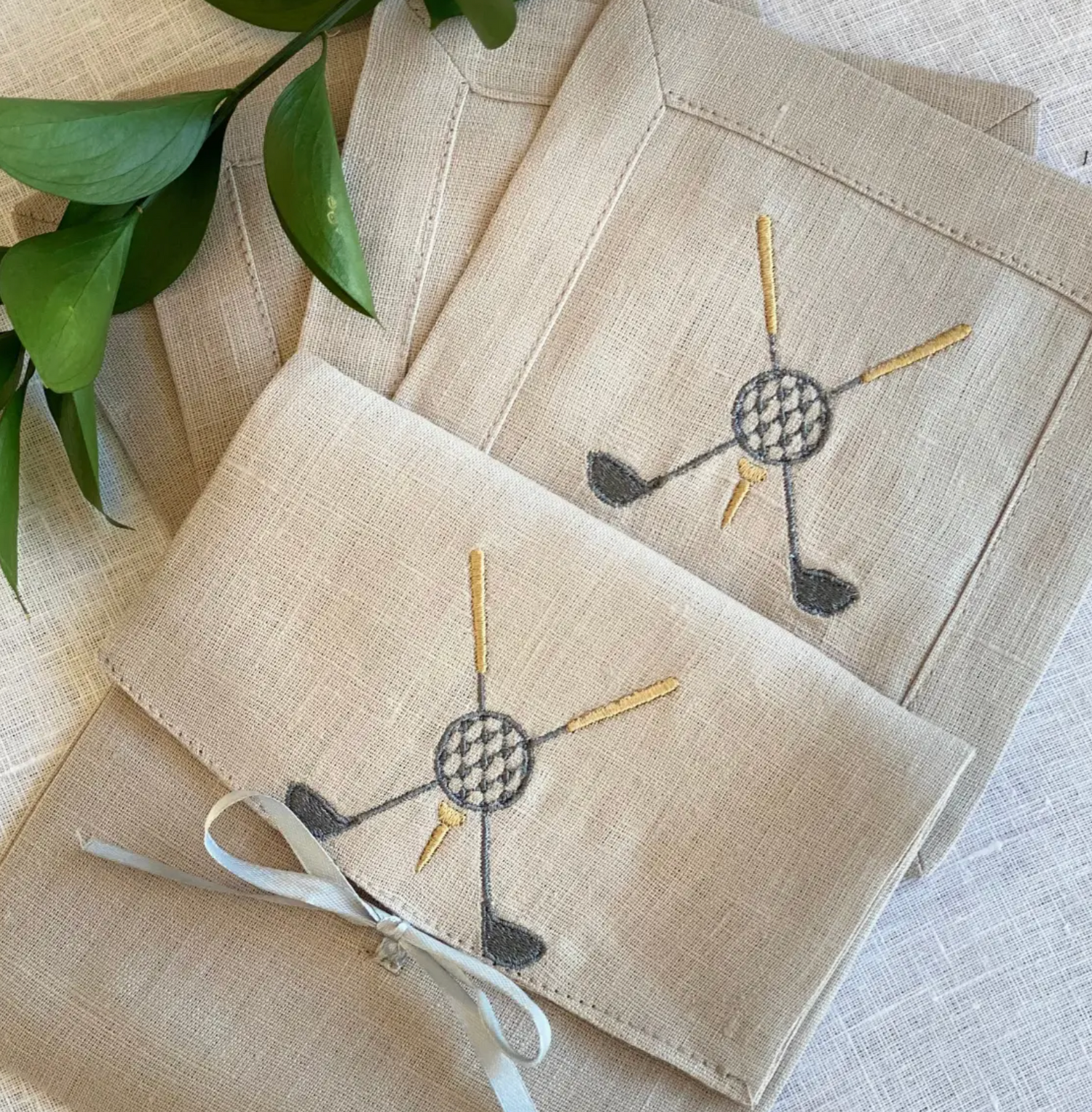 Exquisite Embroidered Linen Golf Cocktail Napkin Set of four with pouch