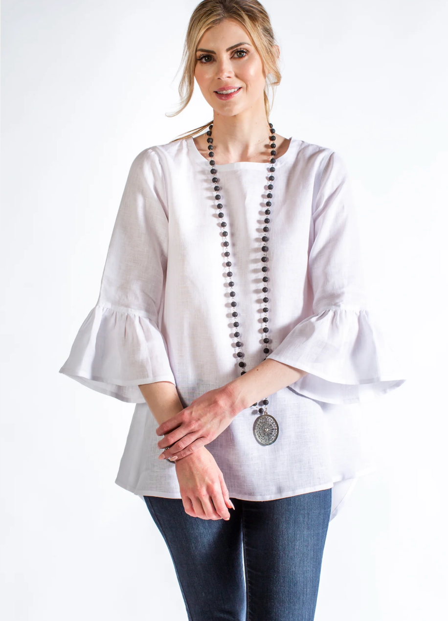 White Crown Linen Bella Top With Bell Sleeves