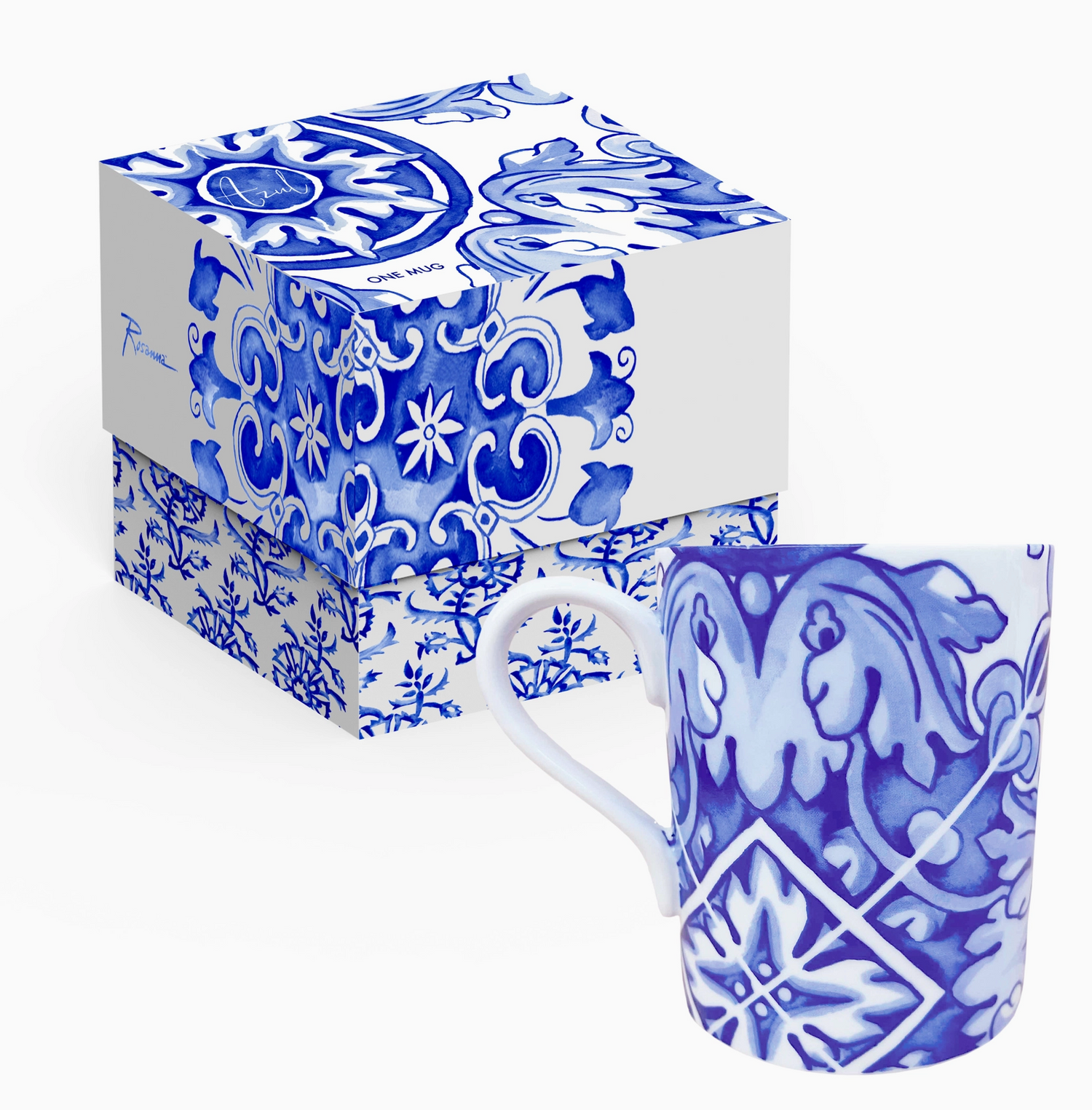 Azul Blue and White painted mugs in gift box- By Rosanna Designs