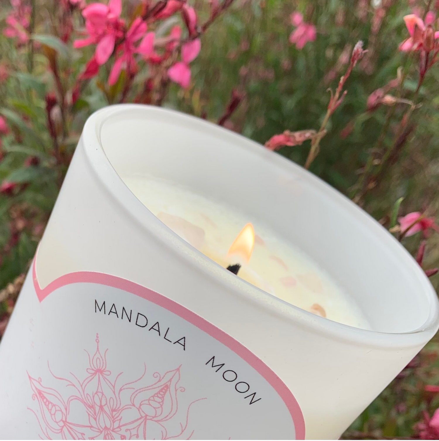 Grace On Point Hand Drawn Mandala Moon Candle with Rose Quartz Crystals