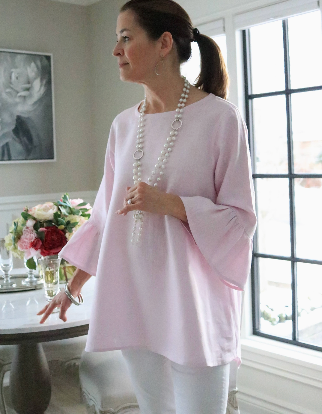 Bella Bell Sleeve Flattering Linen Blouse Top