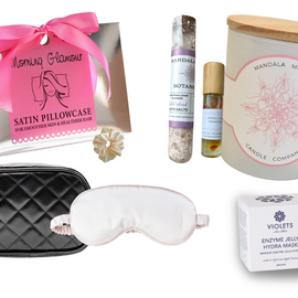 Serene Relaxation Customized Gift Box for Her with satin pillowcase, eye mask, candle, and skincare products.