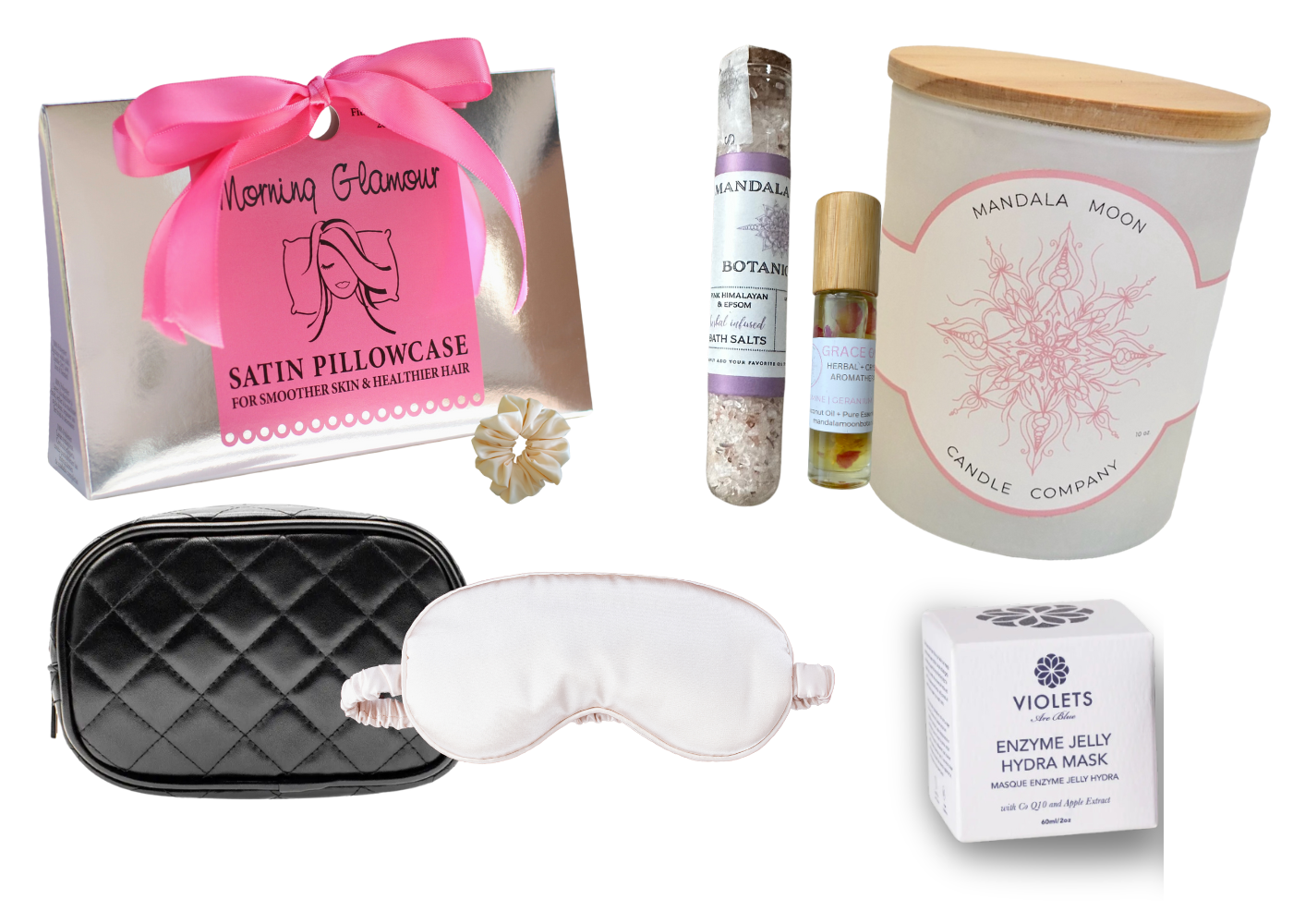 Serene Relaxation Customized Gift Box for Her with satin pillowcase, eye mask, candle, and skincare products.