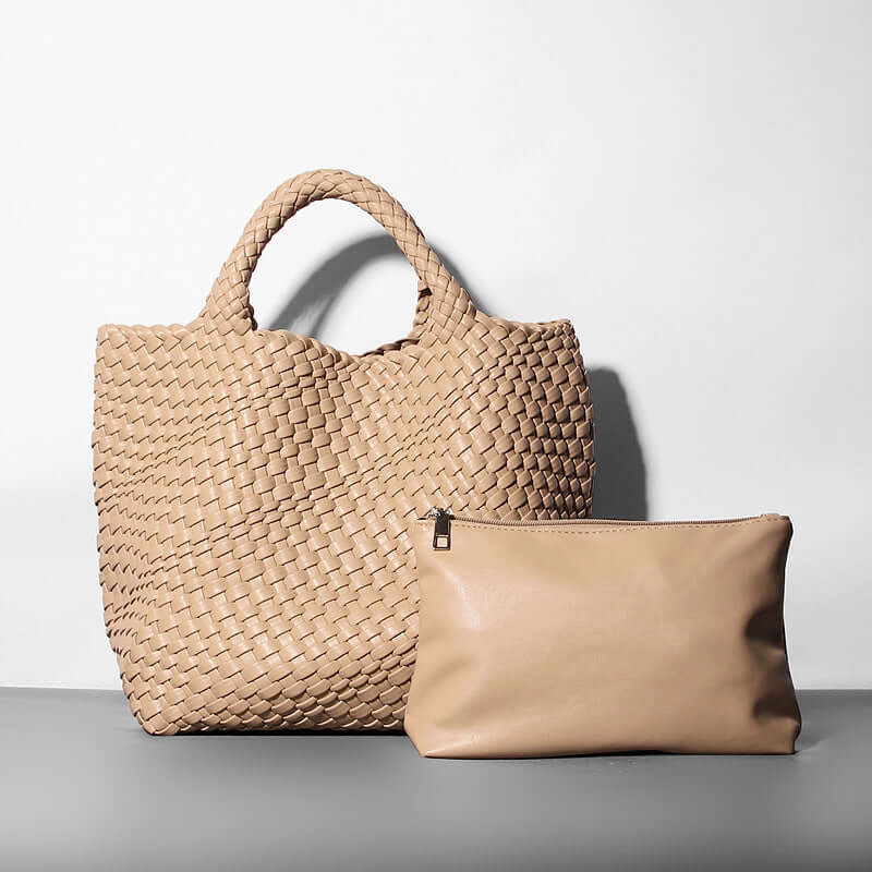 Tan handmade leather woven tote bag