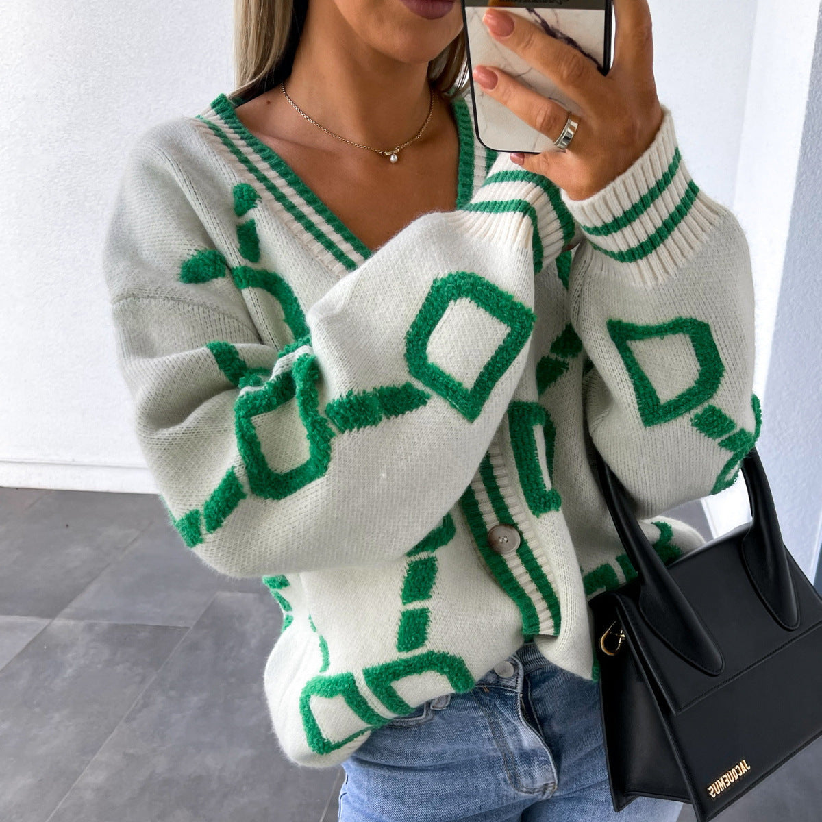 White and green textured preppy sweater