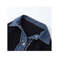 blue denim color and trim on blue sweater