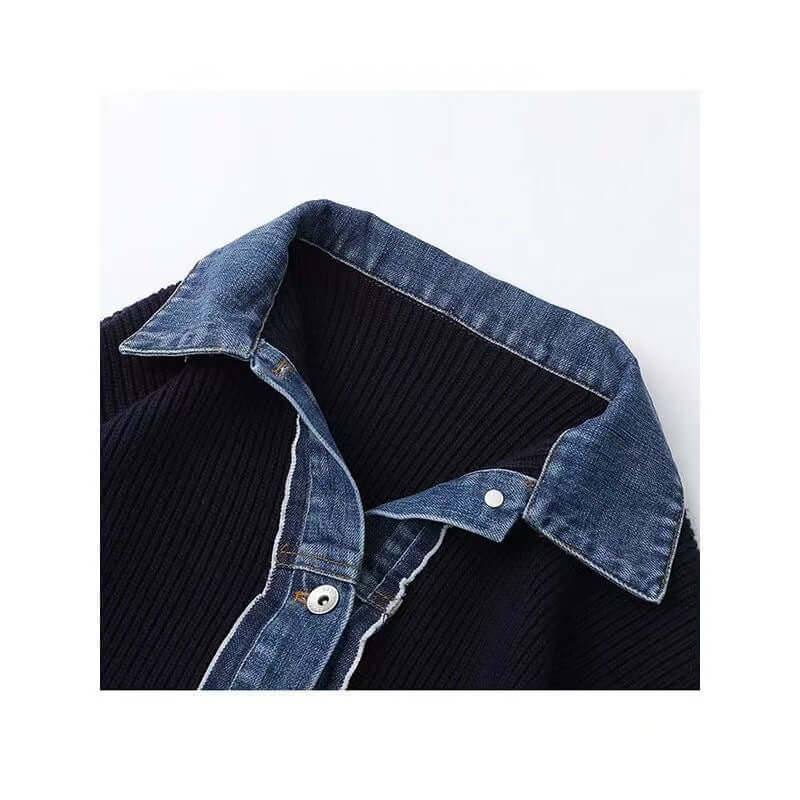 blue denim color and trim on blue sweater