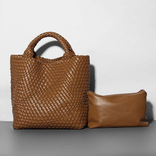 dark brown leather woven tote bag