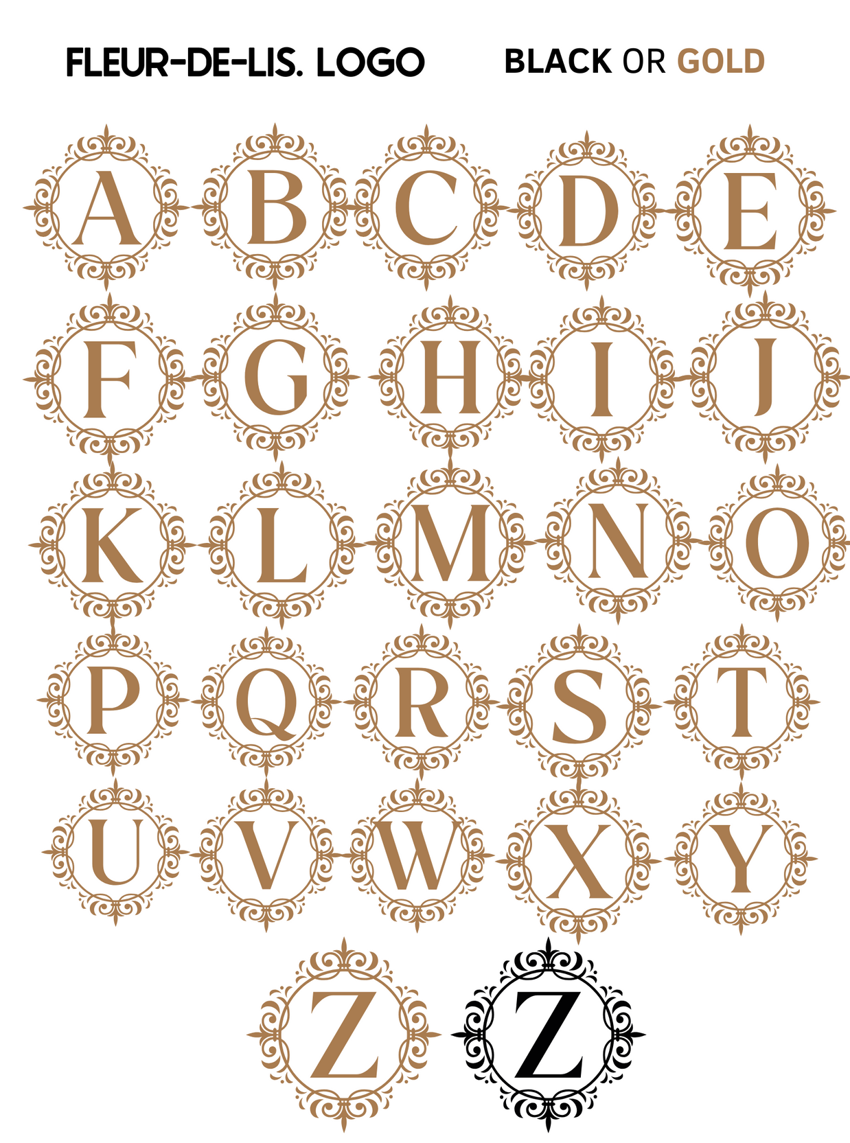 Fleur-de-lis logo design featuring alphabet A-Z in ornate black or gold frames.