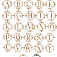 Fleur-de-lis logo design featuring alphabet A-Z in ornate black or gold frames.