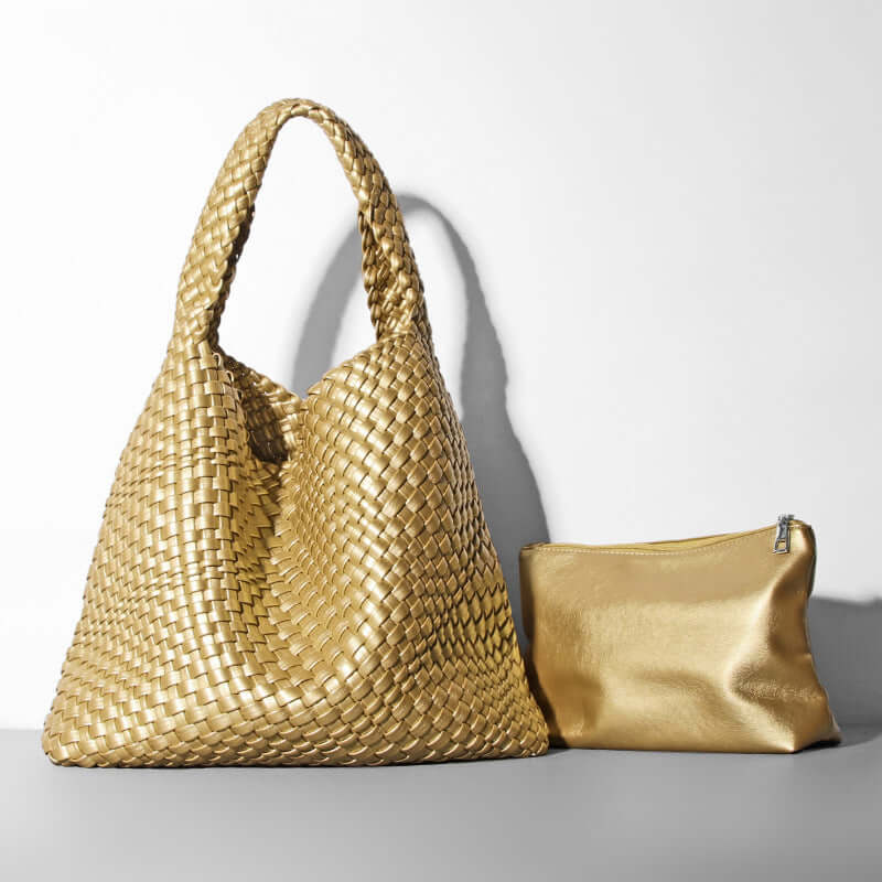 gold metallic woven tote bag