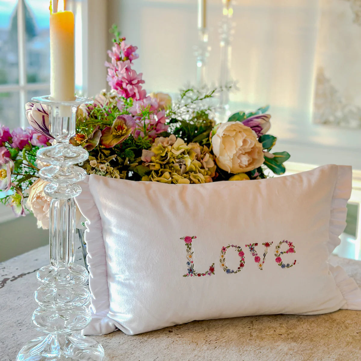 Embroidered Love Velvet Pillow