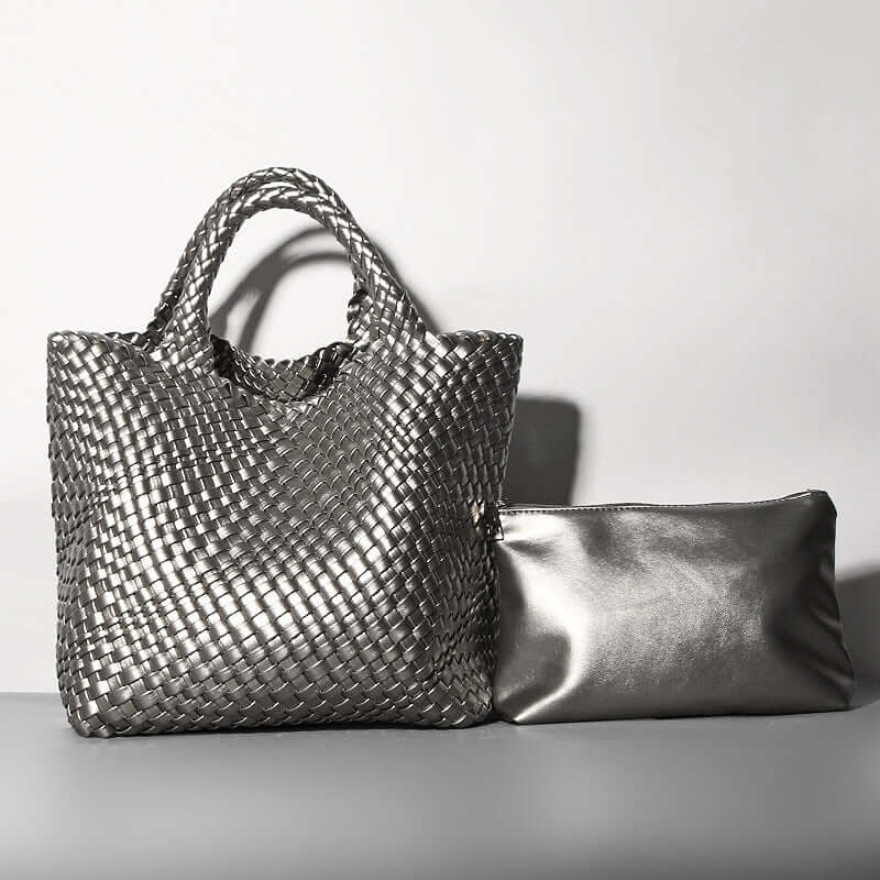 silver metallic leather tote bag