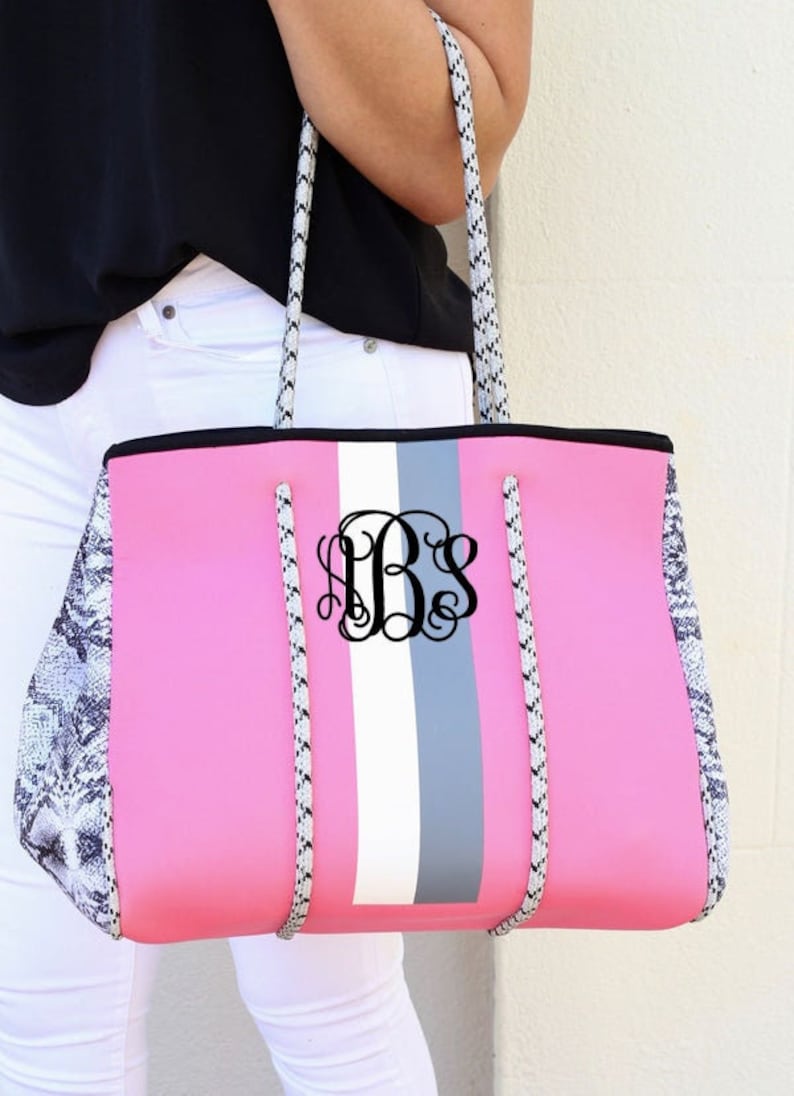 Monogrammed Neoprene Tote in Hot Pink with Snake Detail and Coin Purse